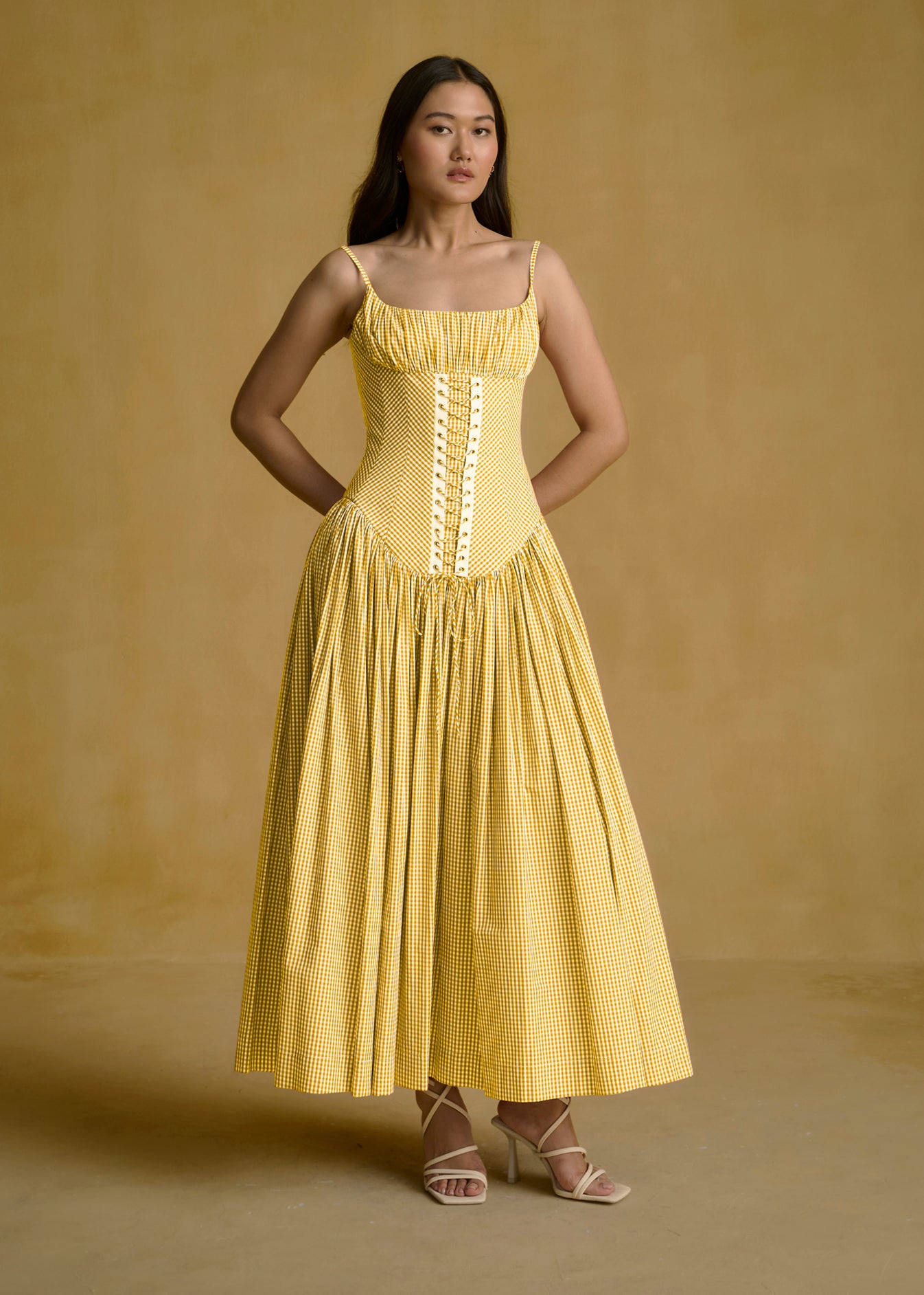 Gingham Corset Midi Dress With Lace-Up Detailing