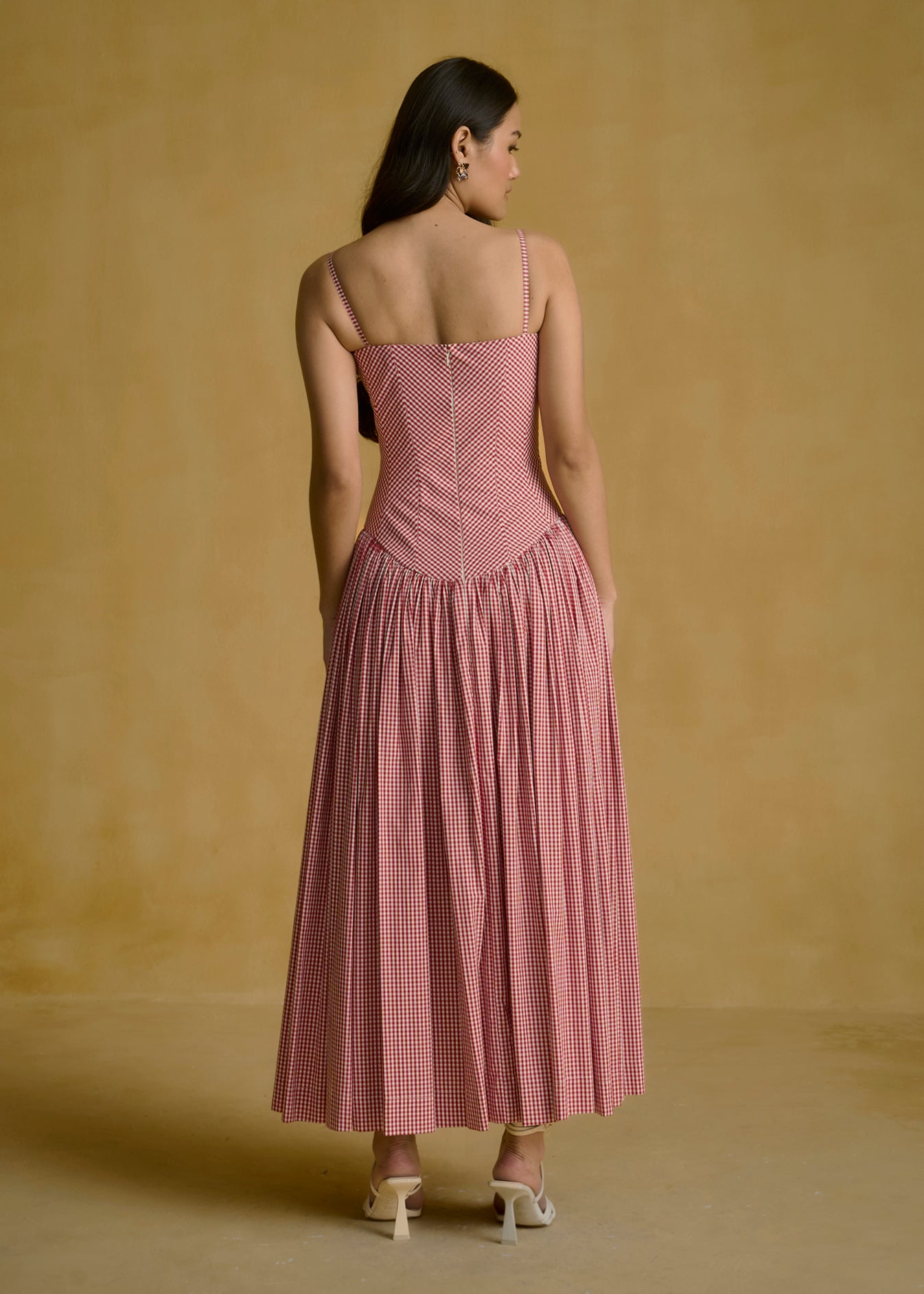 Gingham Corset Midi Dress With Lace-Up Detailing
