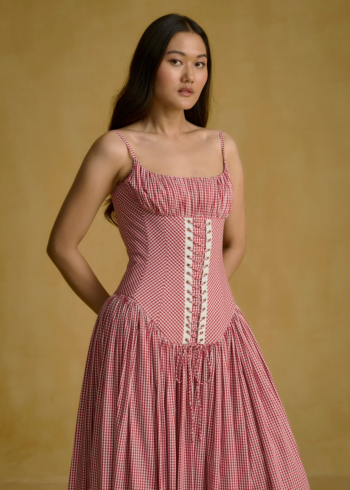 Gingham Corset Midi Dress With Lace-Up Detailing