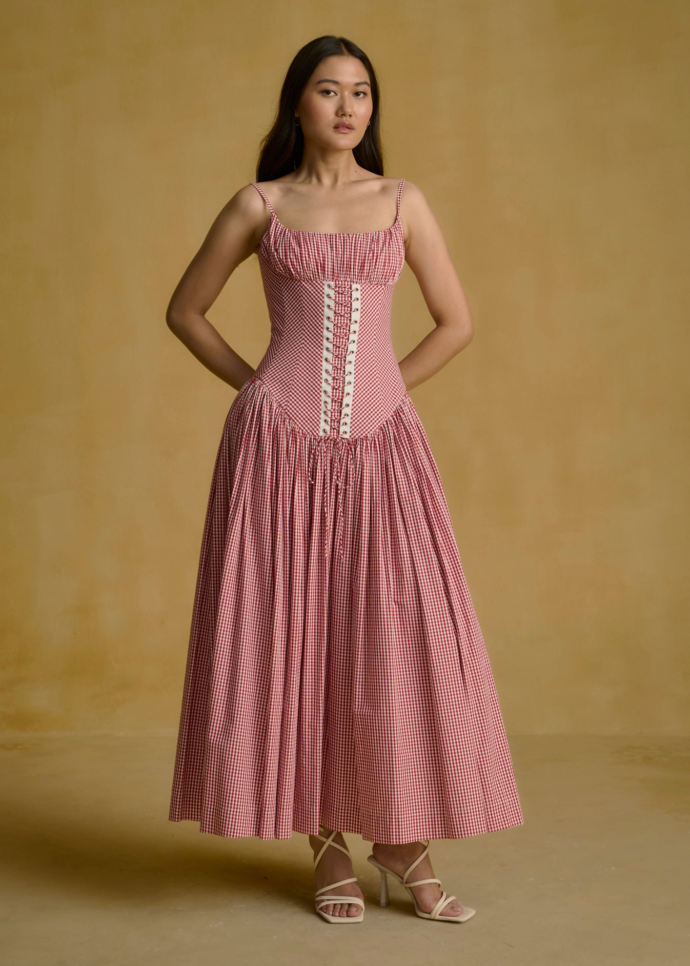 Gingham Corset Midi Dress With Lace-Up Detailing