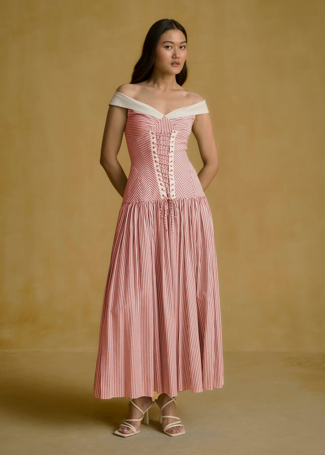 Off-Shoulder Corseted Midi Dress