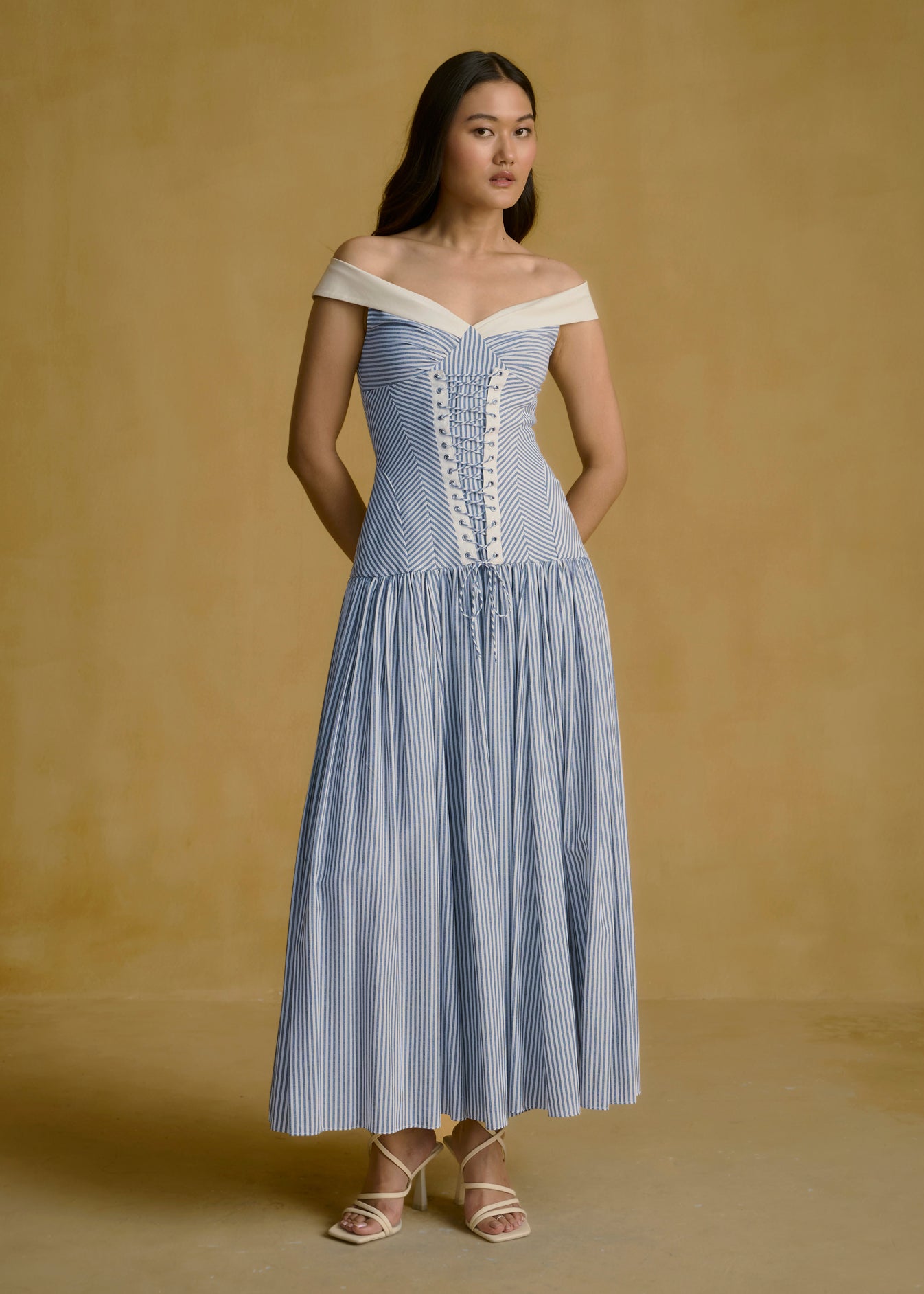 Off-Shoulder Corseted Midi Dress