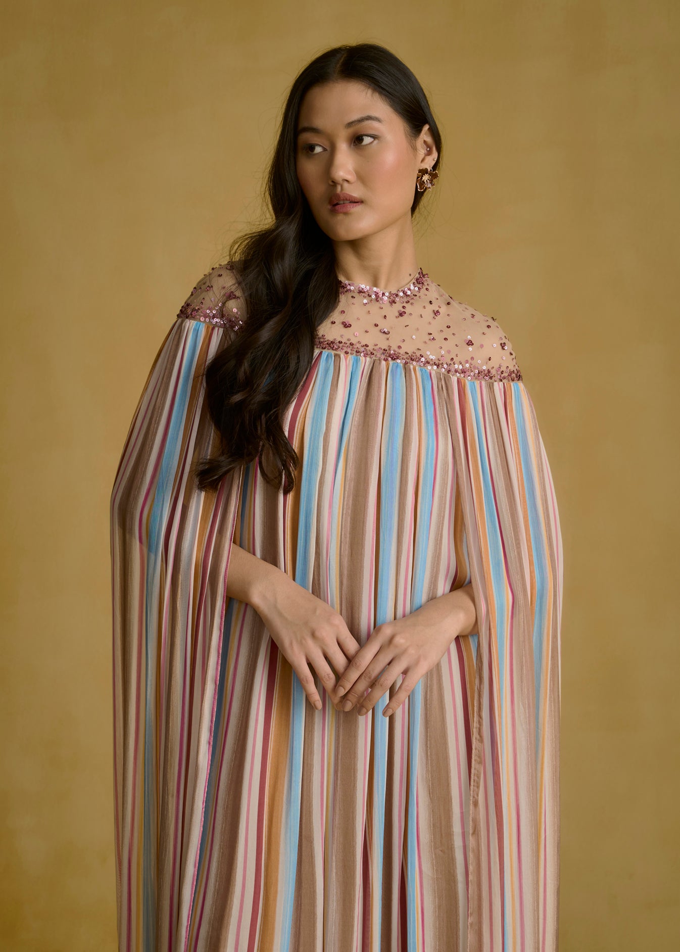 Embellished Cape Maxi Dress