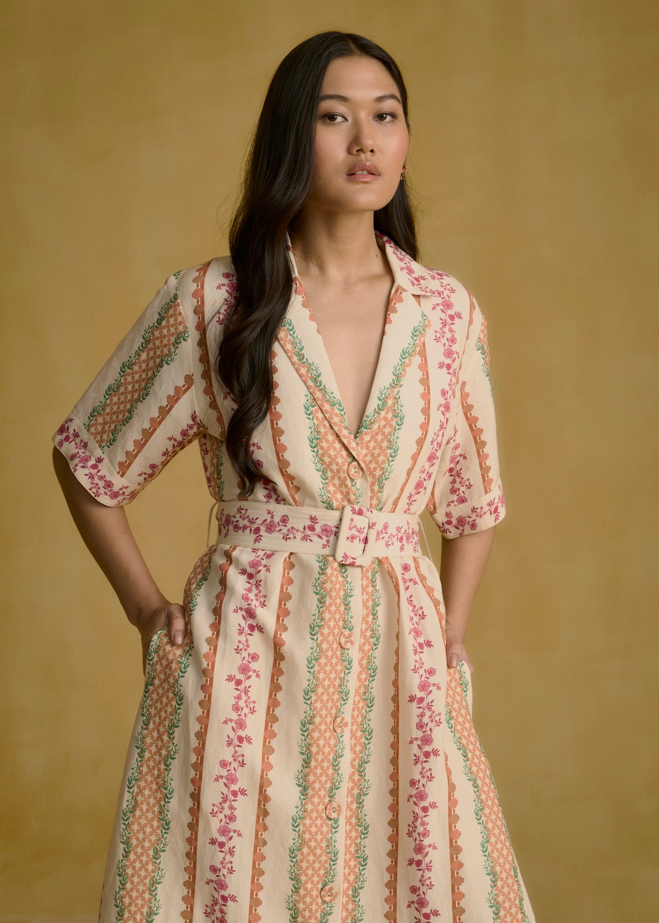 Printed Belted Midi Dress