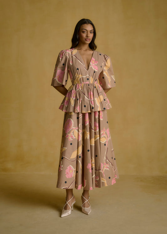 V-Neck Floral Peplum Midi