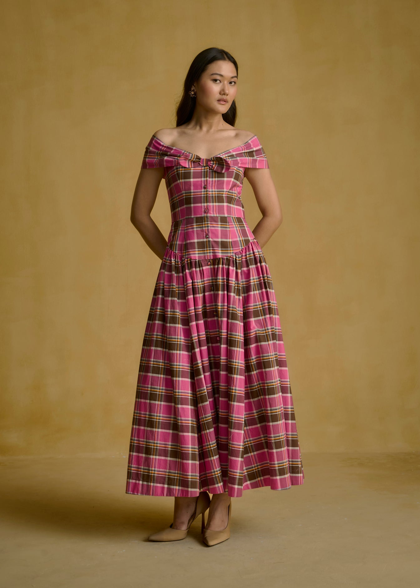 Off-Shoulder Bow Detail Plaid Dress