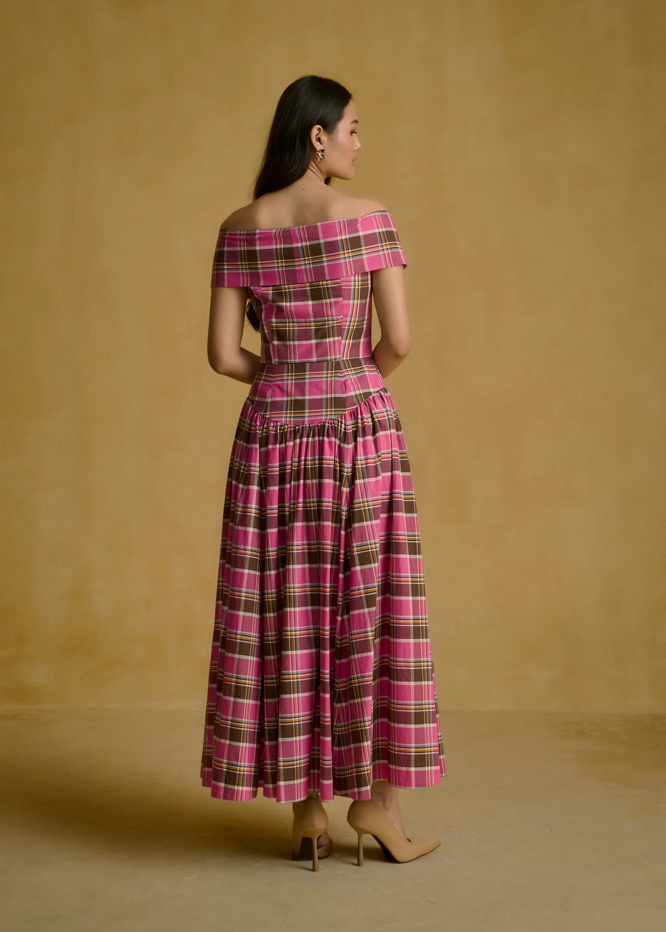 Off-Shoulder Bow Detail Plaid Dress