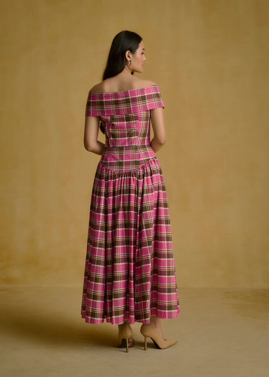 Off-Shoulder Bow Detail Plaid Dress