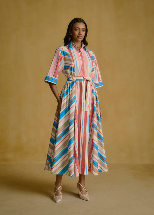 Striped Shirt Dress with Tie-Up Waist