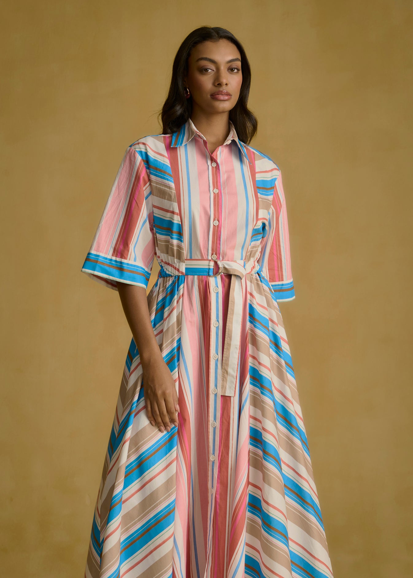 Striped Shirt Dress with Tie-Up Waist