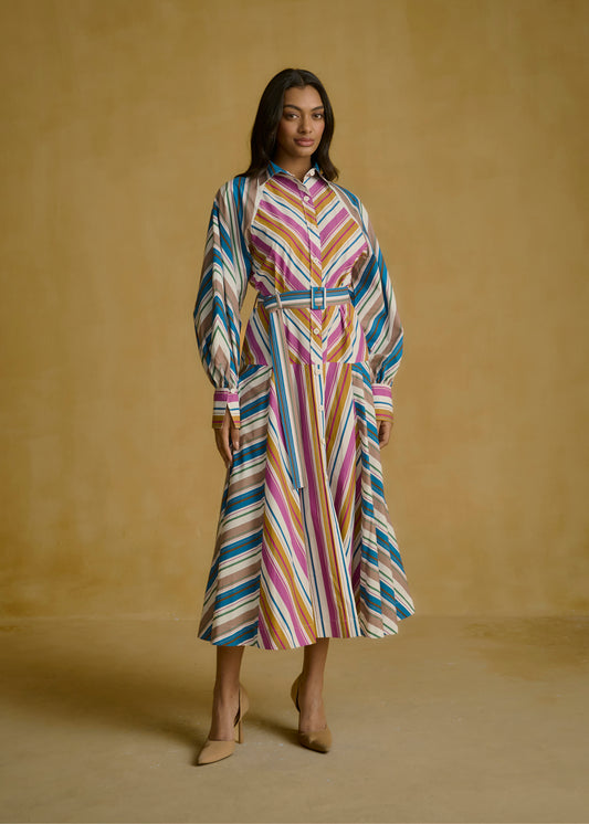 Striped Shirt Dress with Tie-Up Waist