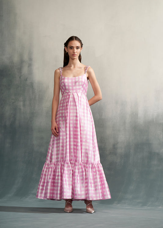 Pink & White Gingham Tiered Maxi Dress