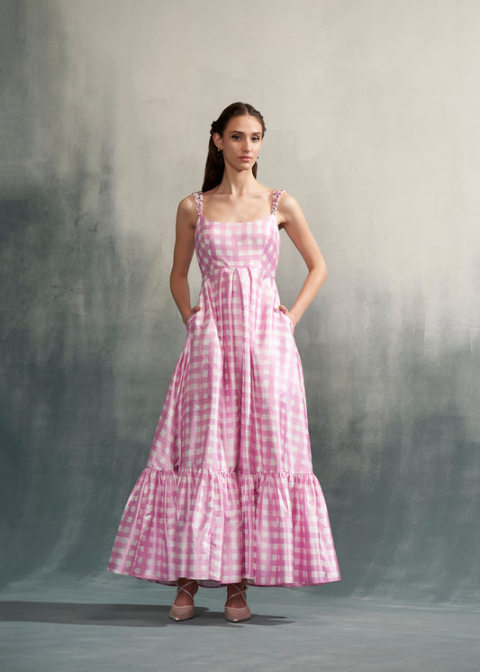 Pink & White Gingham Tiered Maxi Dress